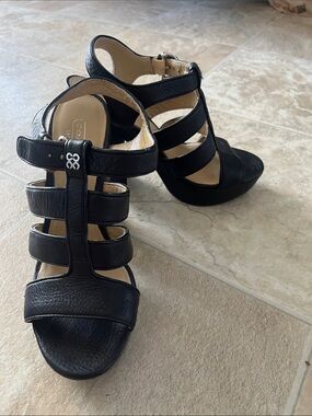 COACH Black Leather Strappy heels with Silver Hardware